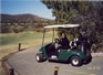 Janet driving the golf cart shortly before driving it through a log fence.